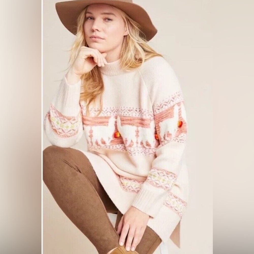 Anthropologie Llama Fair Isle Pom Pom Tunic Sweater